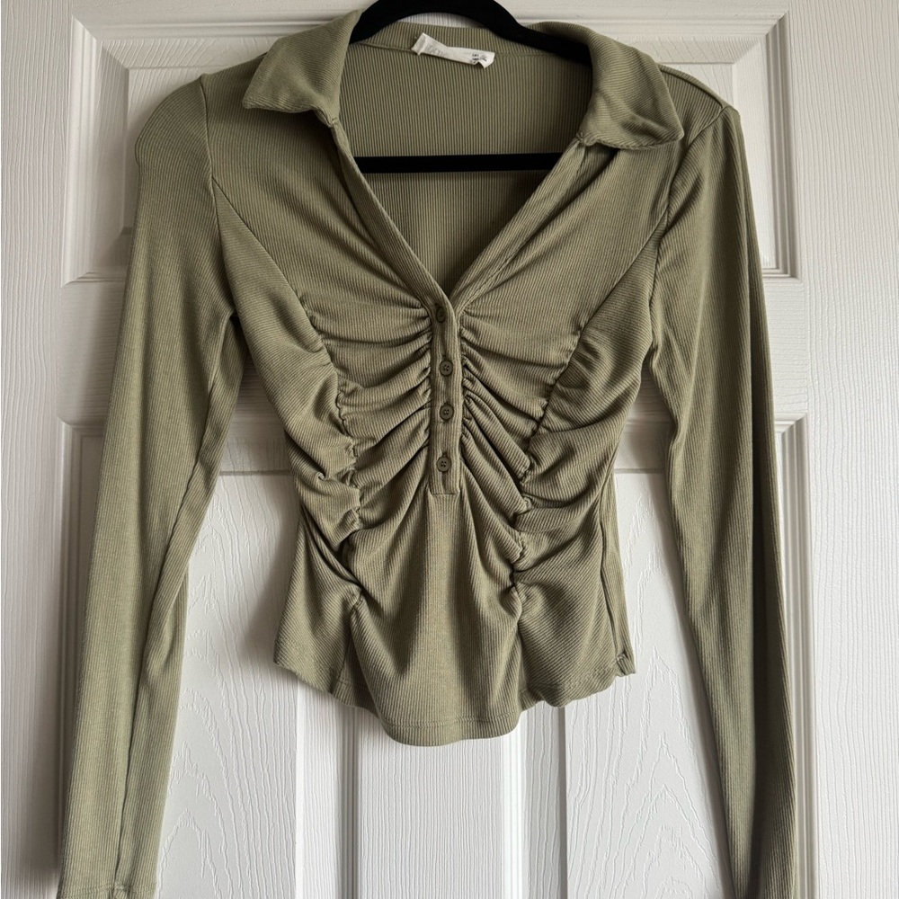 Elodie Sage Button Down Ruched Top